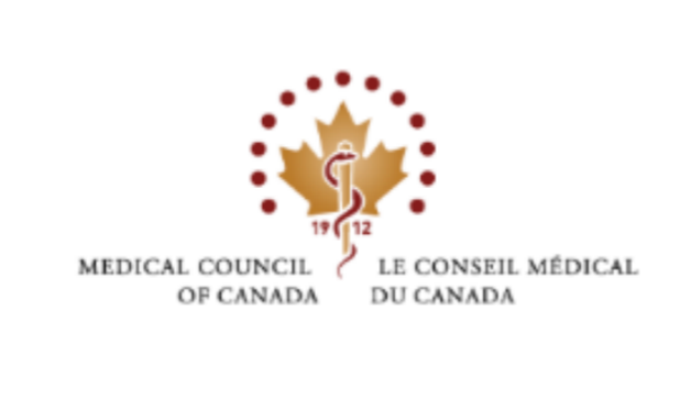 Medical Council of Canada logo: Maple leaf with medical symbol, surrounded by dots. Text in English and French.