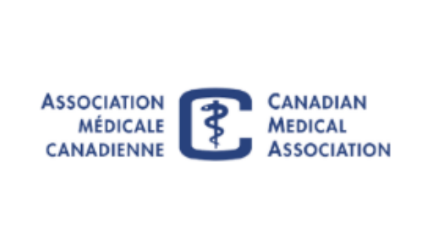 Logo for the Canadian Medical Association; blue text and symbol, medical caduceus in a blue box.