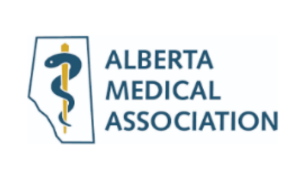 Logo: Alberta Medical Association; blue outline of Alberta with a snake coiled around a staff, and text.