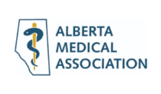 Logo: Alberta Medical Association; blue outline of Alberta with a snake coiled around a staff, and text.