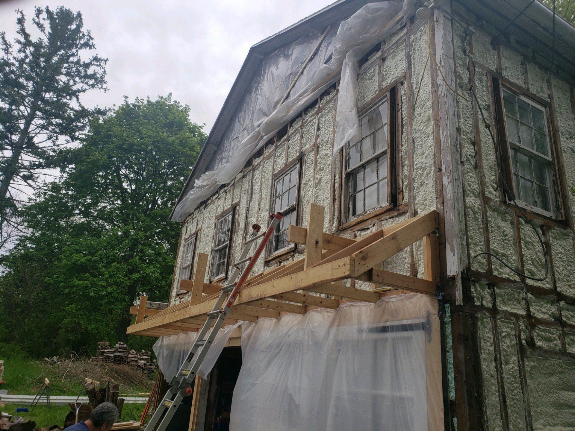 A group of people are working on a house with a ladder.