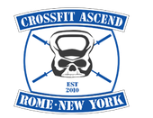 Logo for CrossFit Ascend in Rome, New York, featuring a skull kettlebell with crossed barbells; blue and white color scheme.