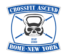 Logo for CrossFit Ascend in Rome, New York, featuring a skull kettlebell with crossed barbells; blue and white color scheme.