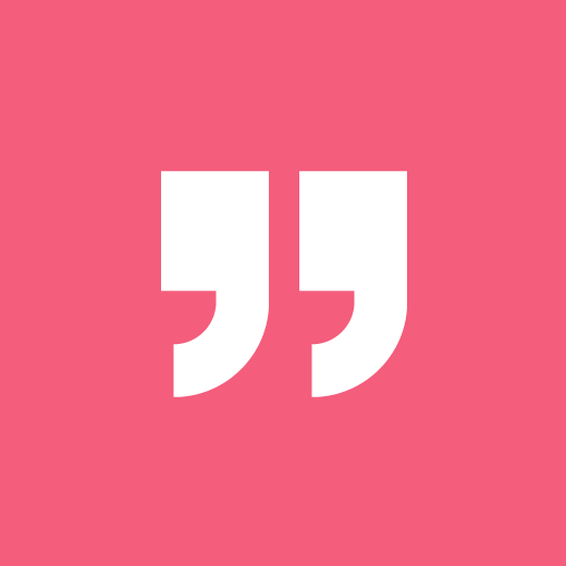 A white quote icon on a pink background.