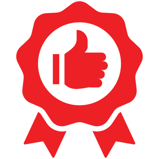 A red ribbon with a thumbs up in the center