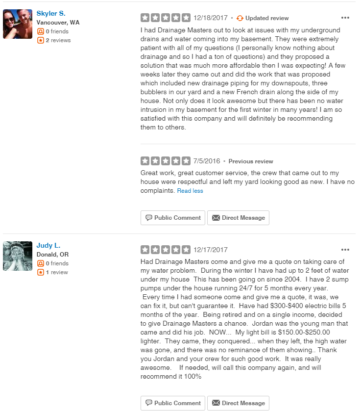 Yelp 5-Star Drainage Masters Reviews