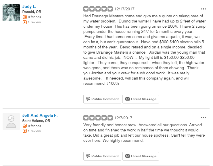 Yelp 5-Star Drainage Masters Reviews