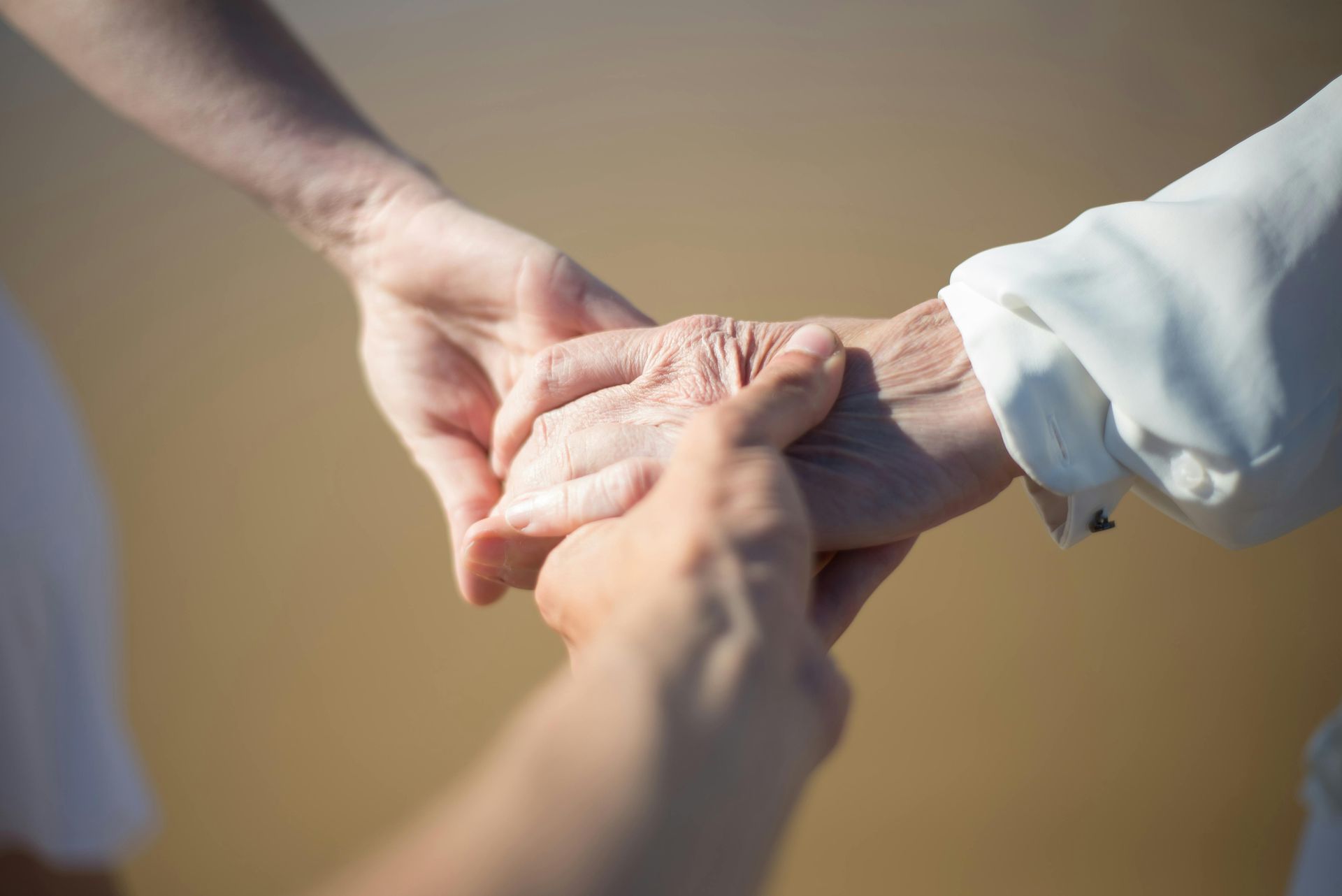 Two hands, one older and wrinkled, held by younger hands, in a light-colored setting.