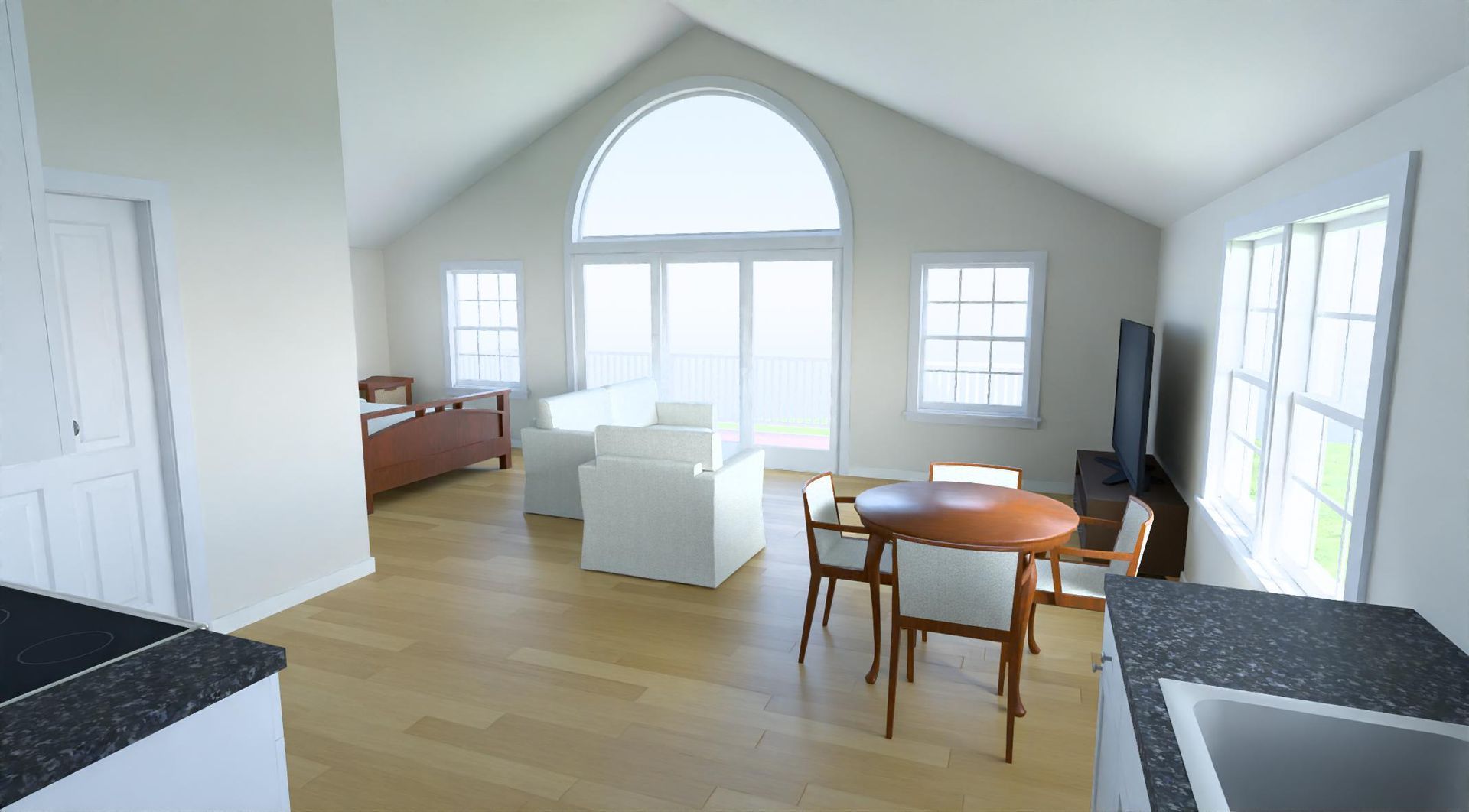 3D rendering of Bright interior of a home with vaulted ceilings, large windows, and a dining area, with a view of a kitchen.