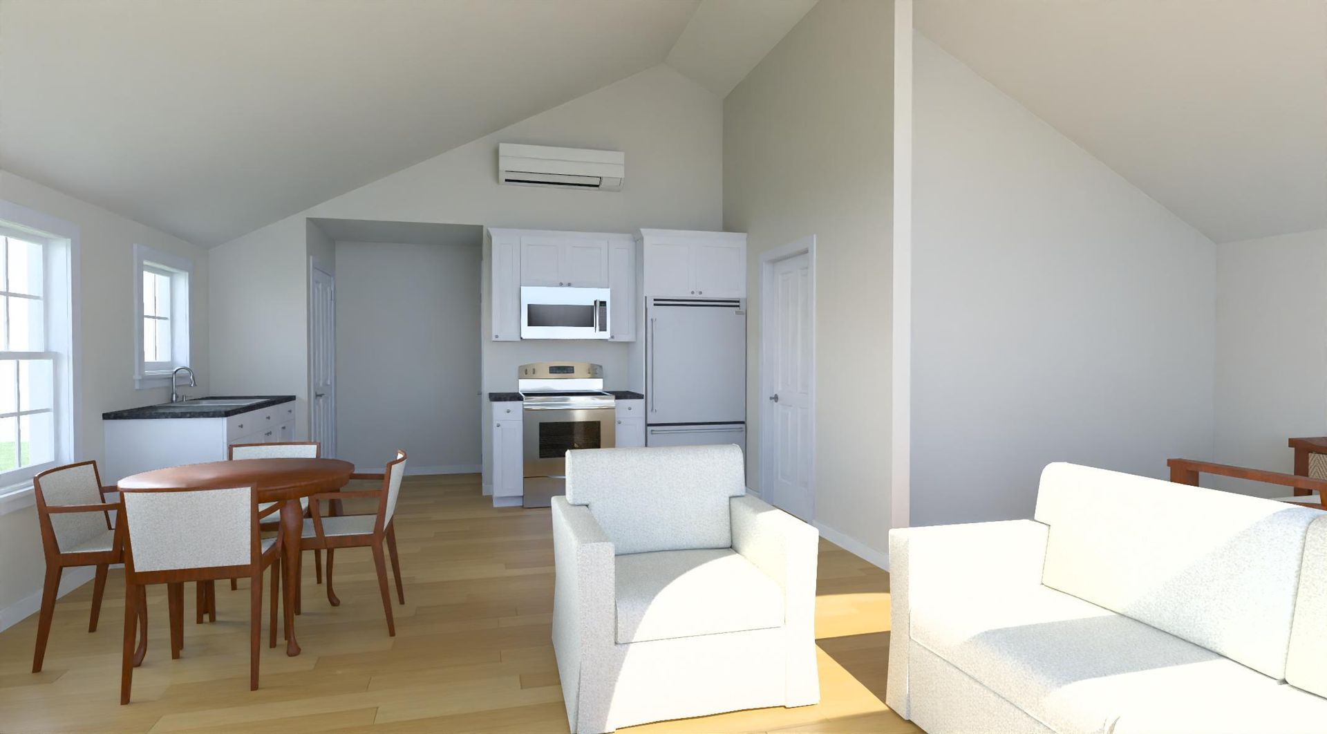 3D Rendering of Bright, modern interior with a kitchen, dining area, and living room; light wood floors and white walls.
