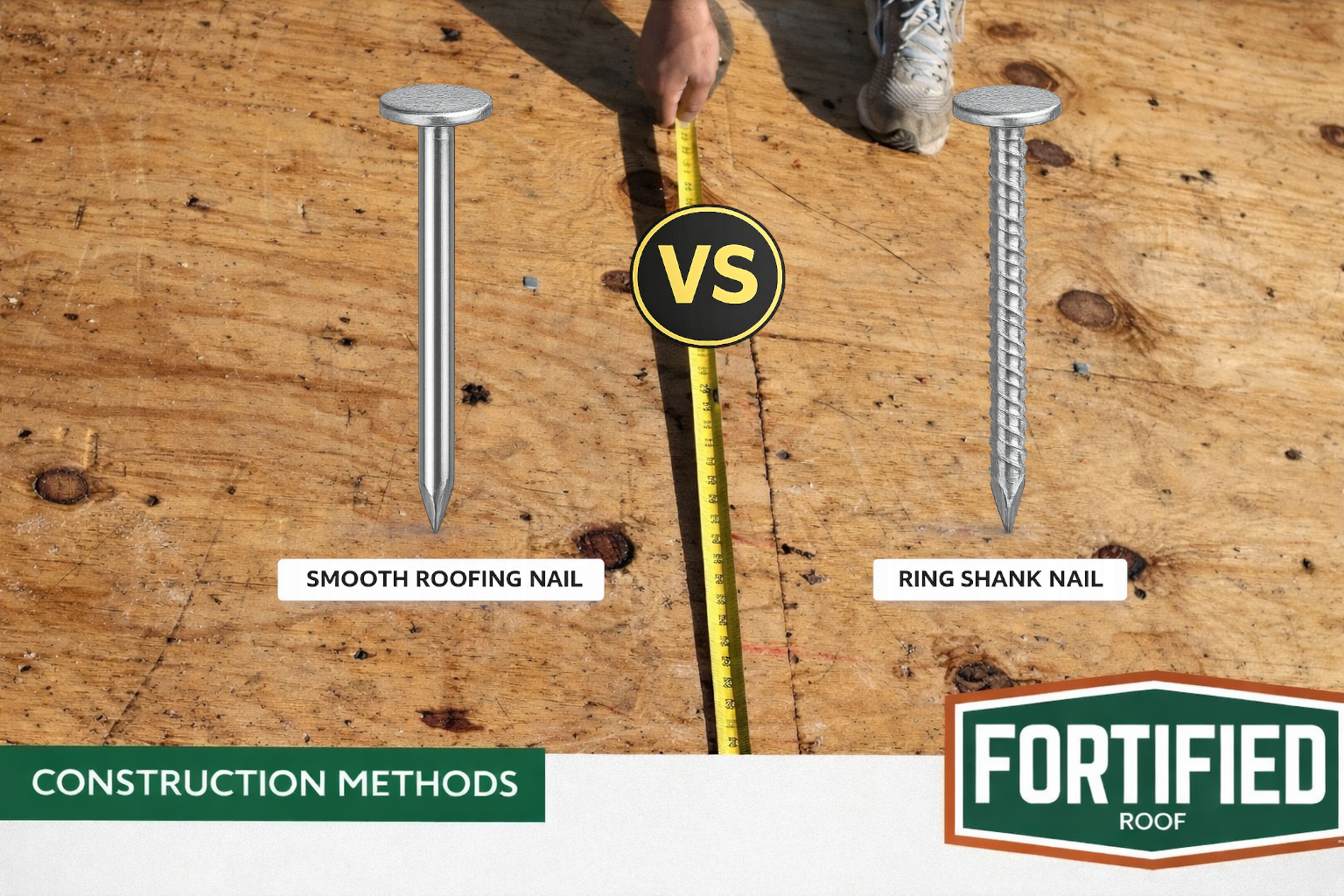 Two roofing nails are shown: smooth shank vs. ring shank. A tape measure is held in between.
