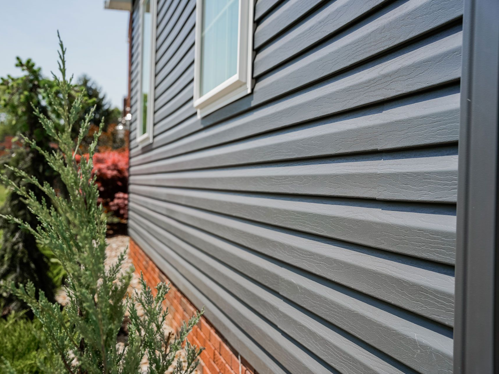 Gray siding on a house with white-framed windows, against a backdrop of greenery and brick foundation.