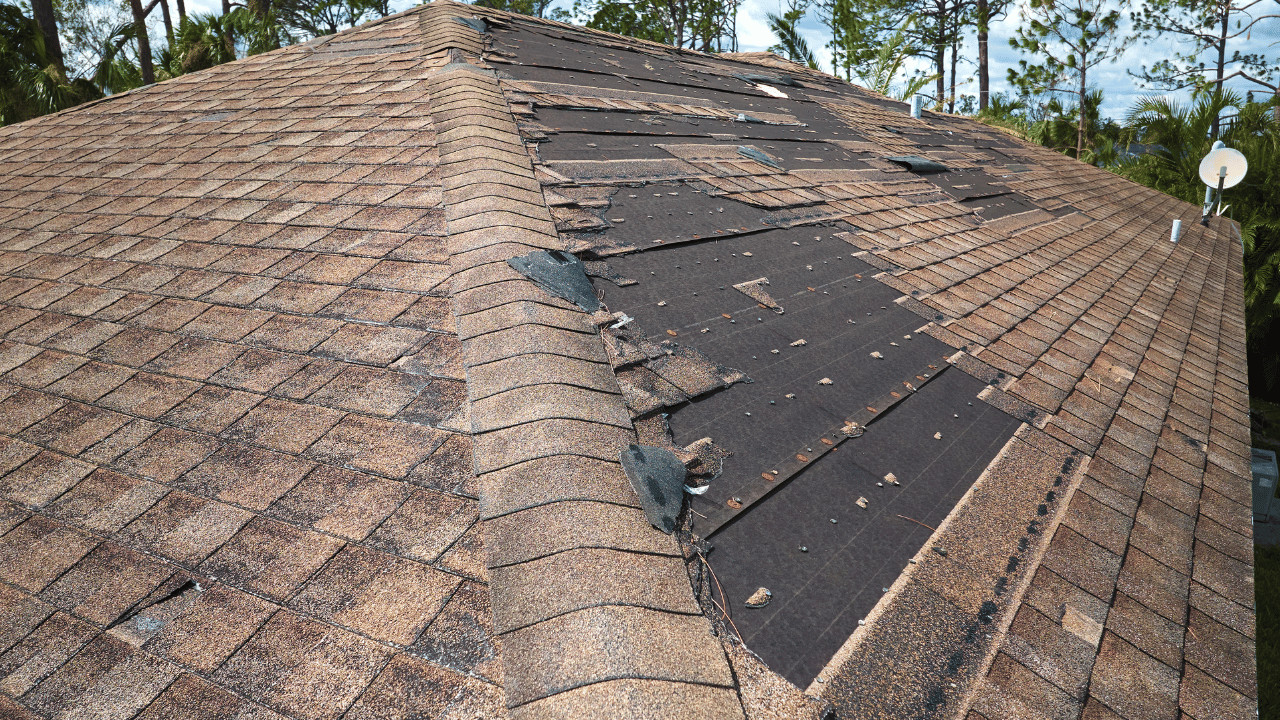 Damaged asphalt shingle roof with missing shingles.