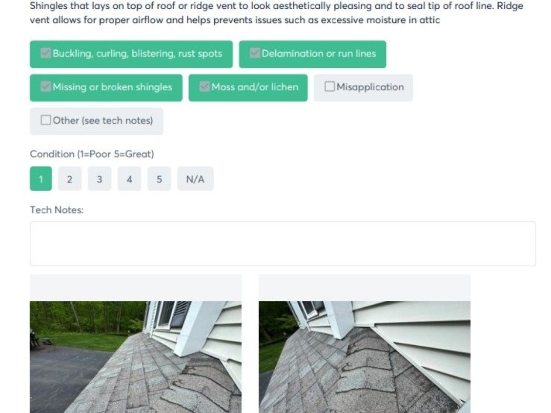 Roof inspection form with checkboxes and images of roof ridge.