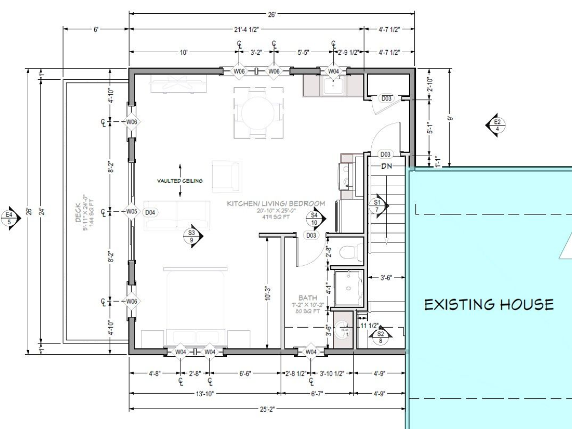 Floor plan of an addition to an existing house, including kitchen, dining area, and living space.