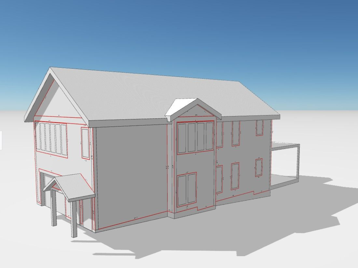 3D model of a two-story house with a gabled roof, a porch, and a light blue sky.