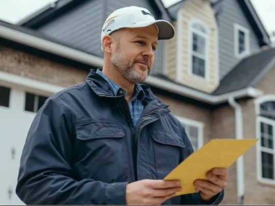 Man in a blue jacket and cap holding a yellow envelope outside a house.