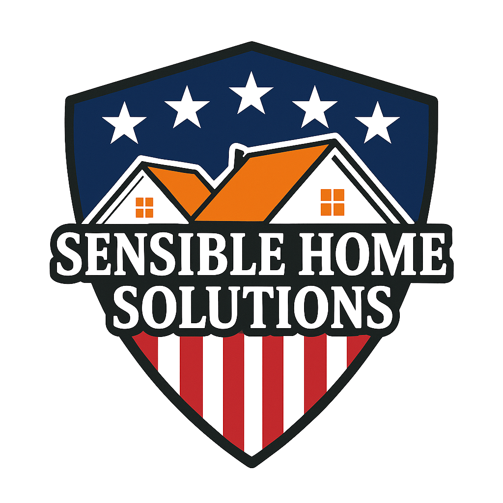Logo for Sensible Home Solutions: Shield with house illustration, stars, and red/white stripes.