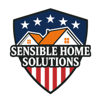 Logo for Sensible Home Solutions: Shield with house illustration, stars, and red/white stripes.