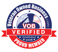 Veteran Owned Business logo. Blue, red, and white. Soldier silhouette saluting, 