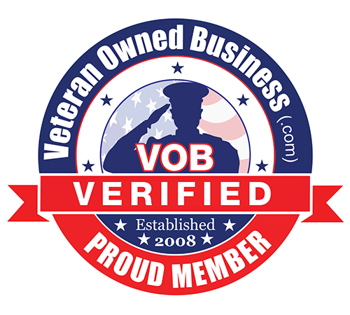 Veteran-Owned Business verification seal with a saluting silhouette, red, white, and blue colors