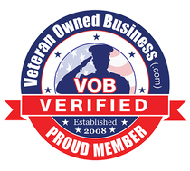 Veteran-Owned Business verification seal with a saluting silhouette, red, white, and blue colors