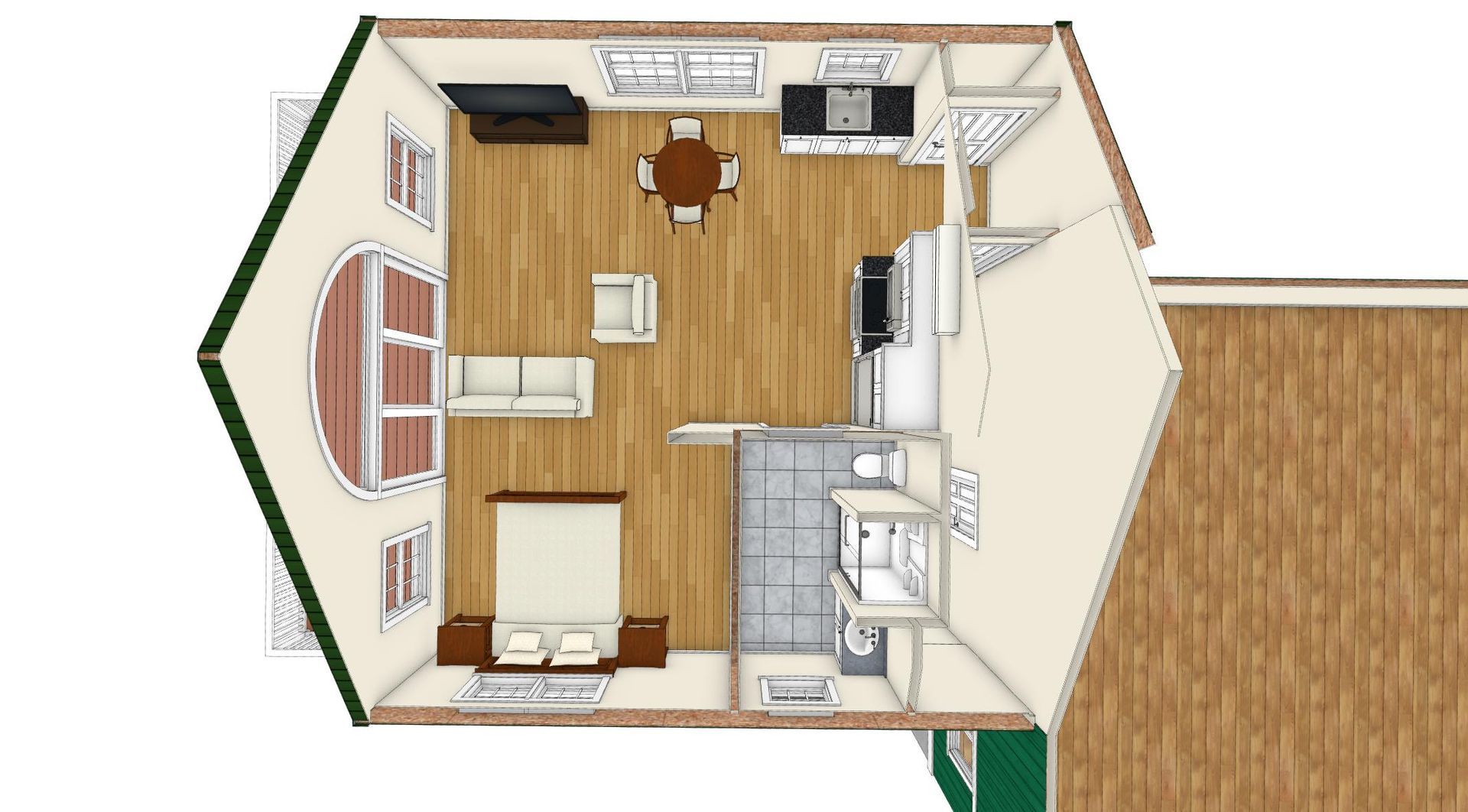 Top-down view of a small house floor plan. Includes living room, kitchen, bedroom, and bathroom.