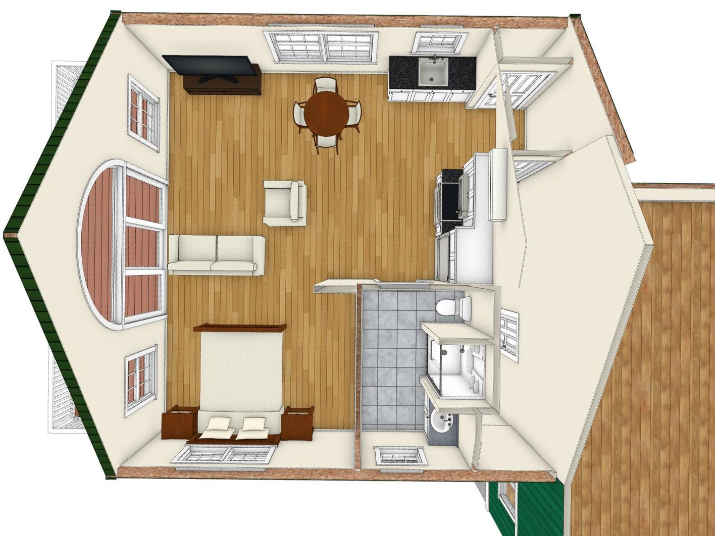 Top-down view of a small house interior with a living area, bedroom, and kitchen. Wooden floors, a round dining table, and large window.