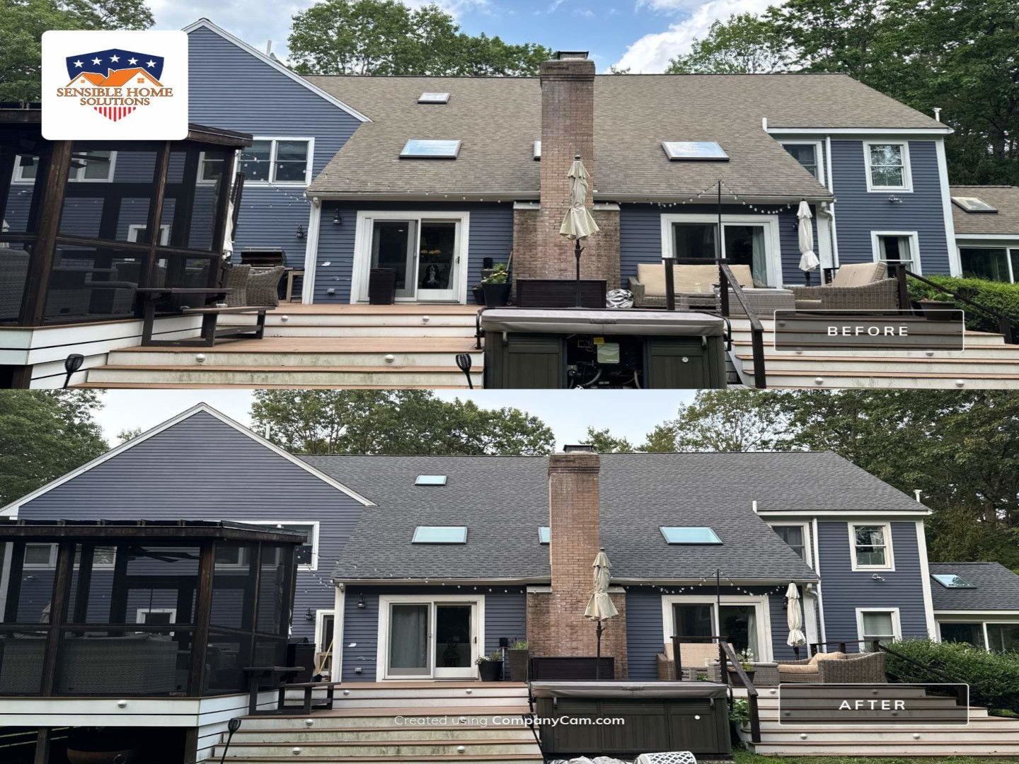 Comparison of a house's before and after roof replacement; blue siding, deck, and chimney.