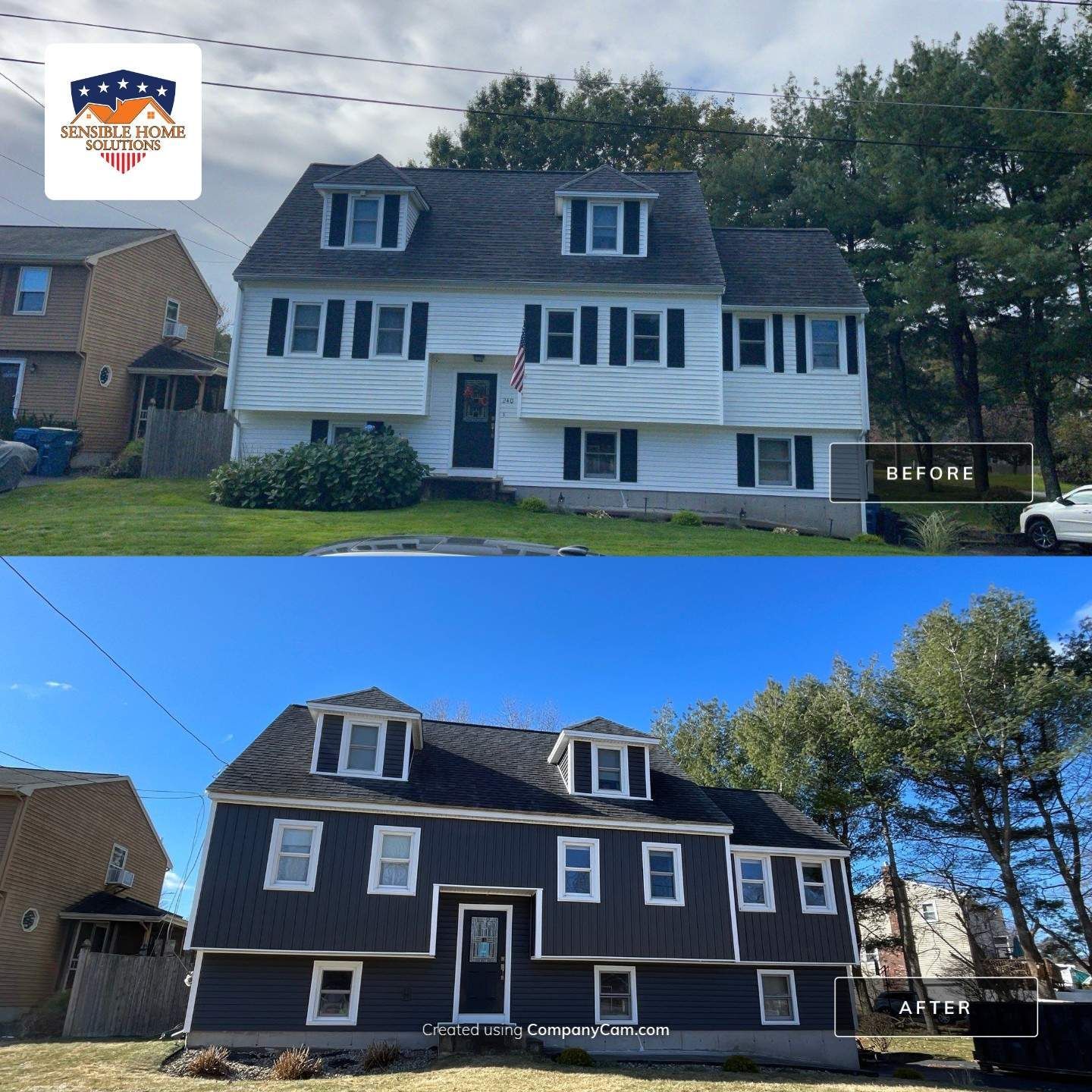 Before and after of a two-story home with a roof and siding replacement. Top is white, bottom is dark gray.