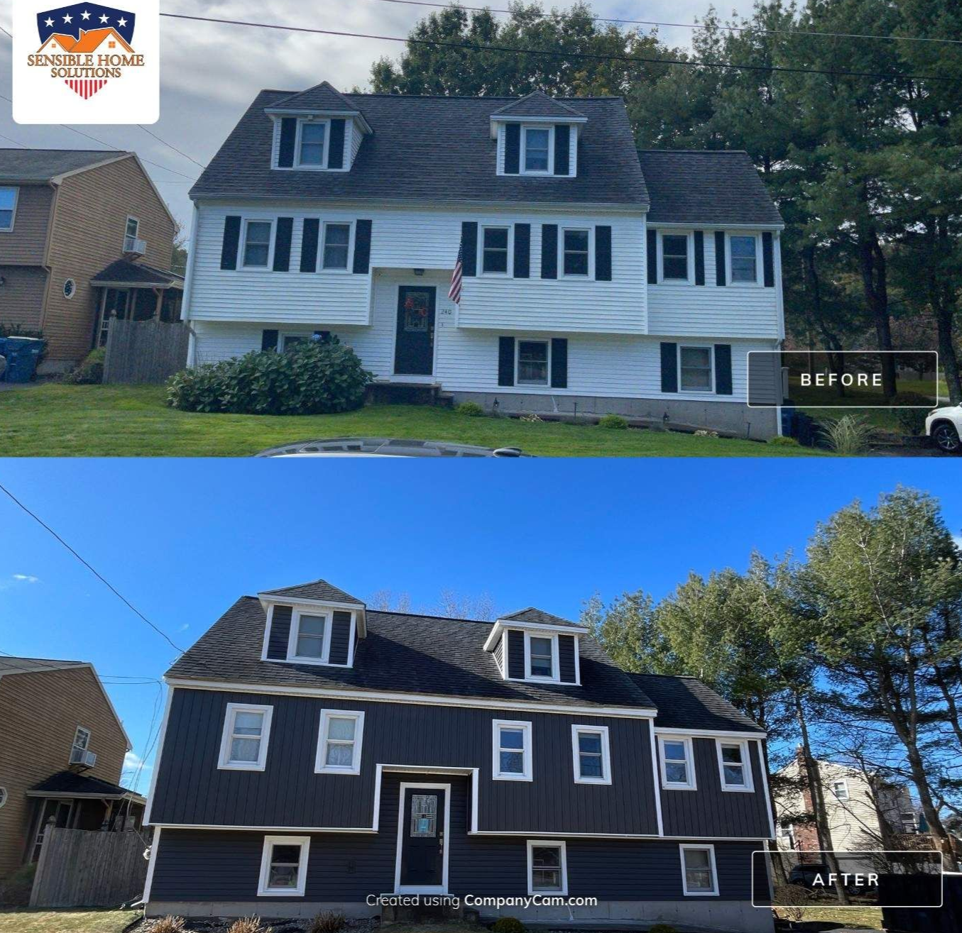 House exterior before/after renovation: white siding vs. dark gray, windows, black roof, small American flag.