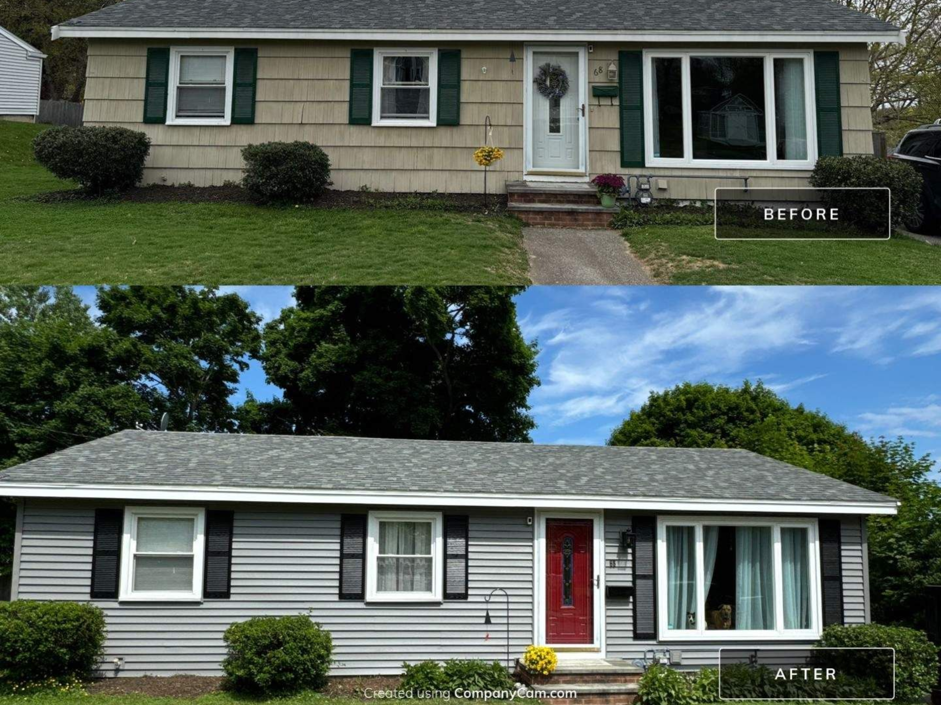 Before and after exterior house renovation: beige siding with green trim to gray siding with black shutters.