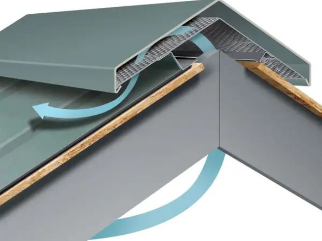 Cutaway view of a roof ridge vent with airflow arrows in a gray and brown structure.
