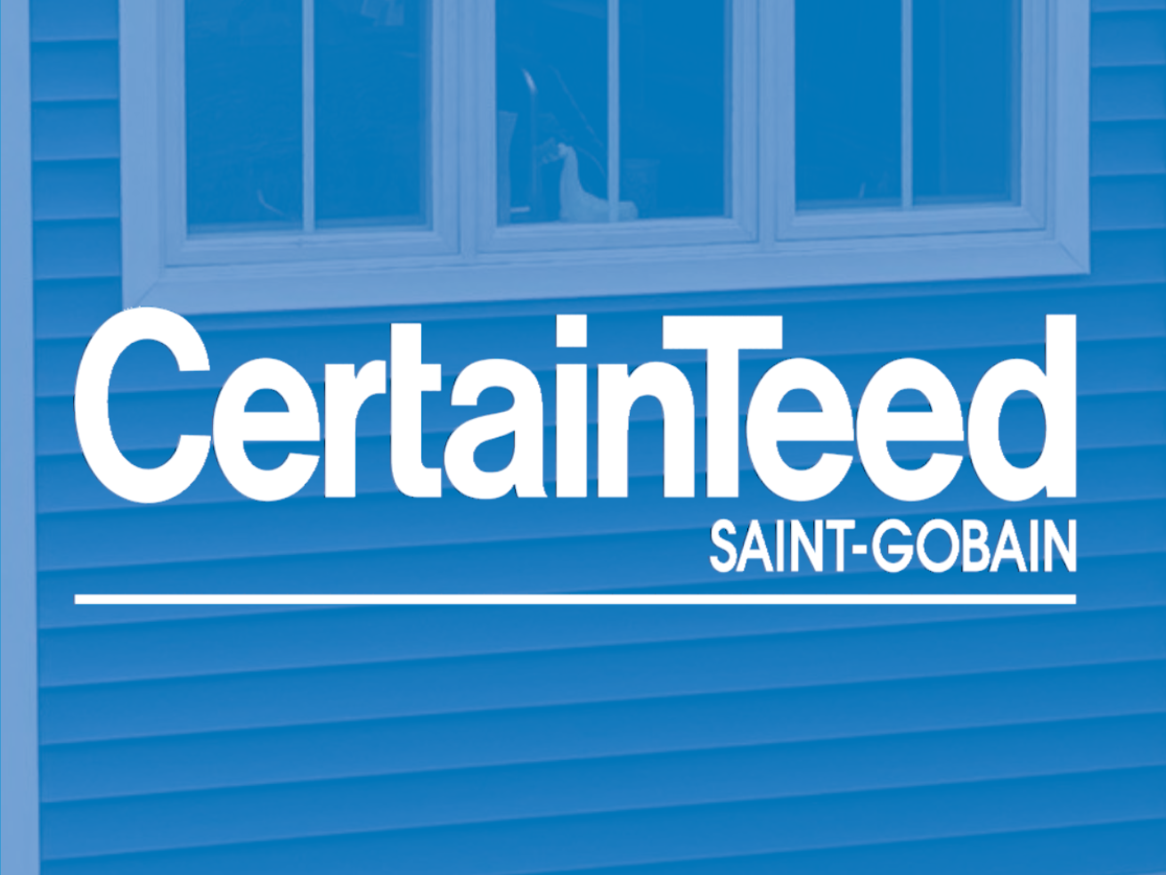 CertainTeed logo on blue siding, with a window visible above.
