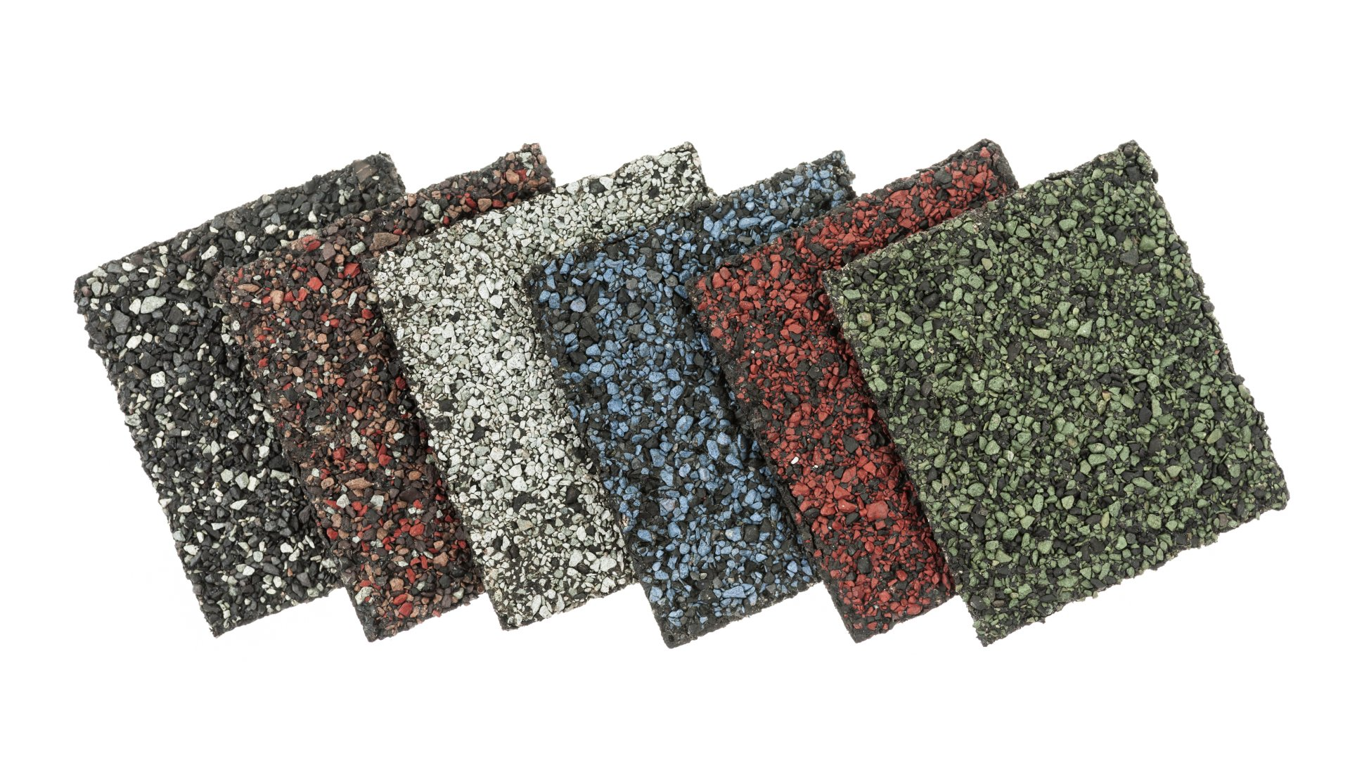 Samples of asphalt roof shingles in various colors.