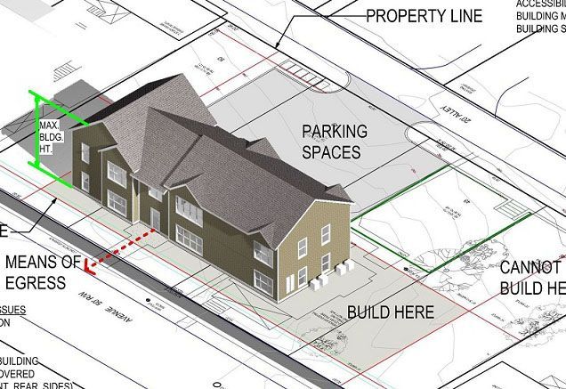 Architectural drawing: House plan with parking, property lines, and build restrictions labeled.
