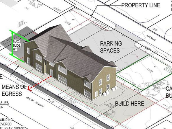 Architectural rendering shows a brown two-story building labeled 