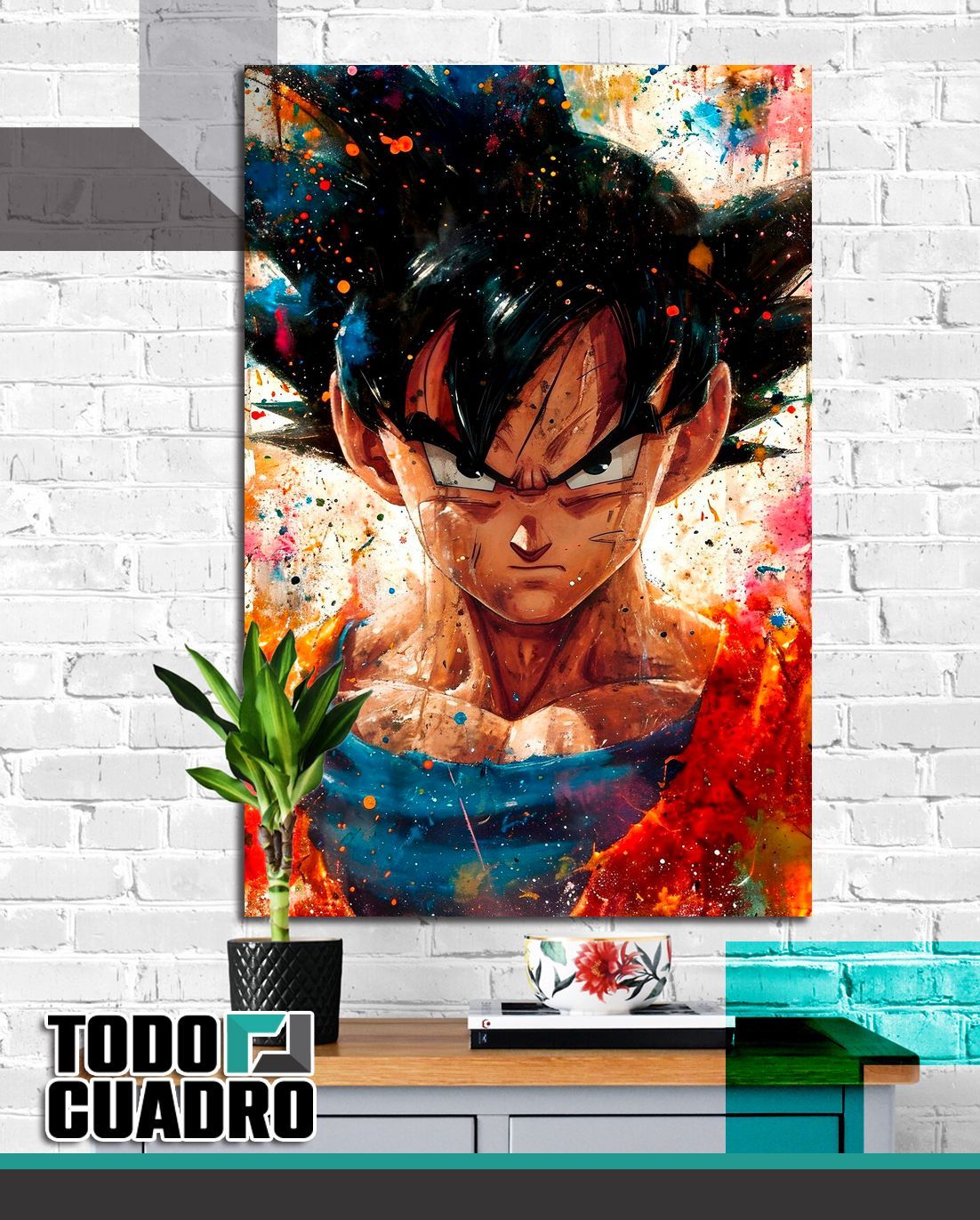 Un cuadro de Goku de Dragon Ball Z está colgado en una pared de ladrillos.