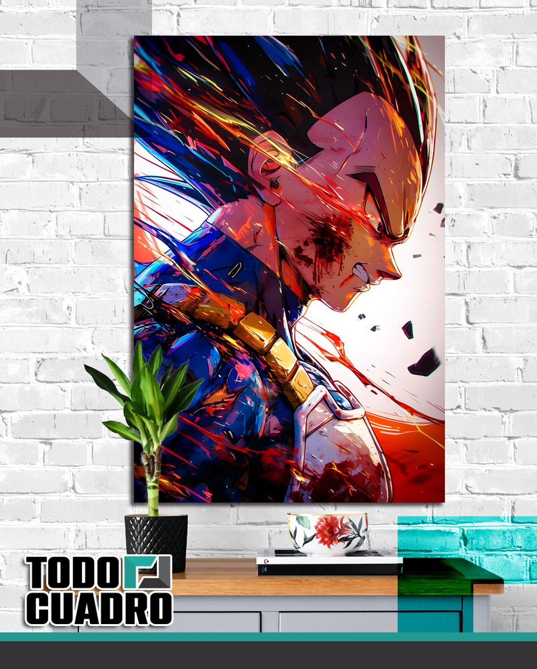 Una pintura de Vegeta de Dragon Ball Z está colgada en una pared de ladrillos.