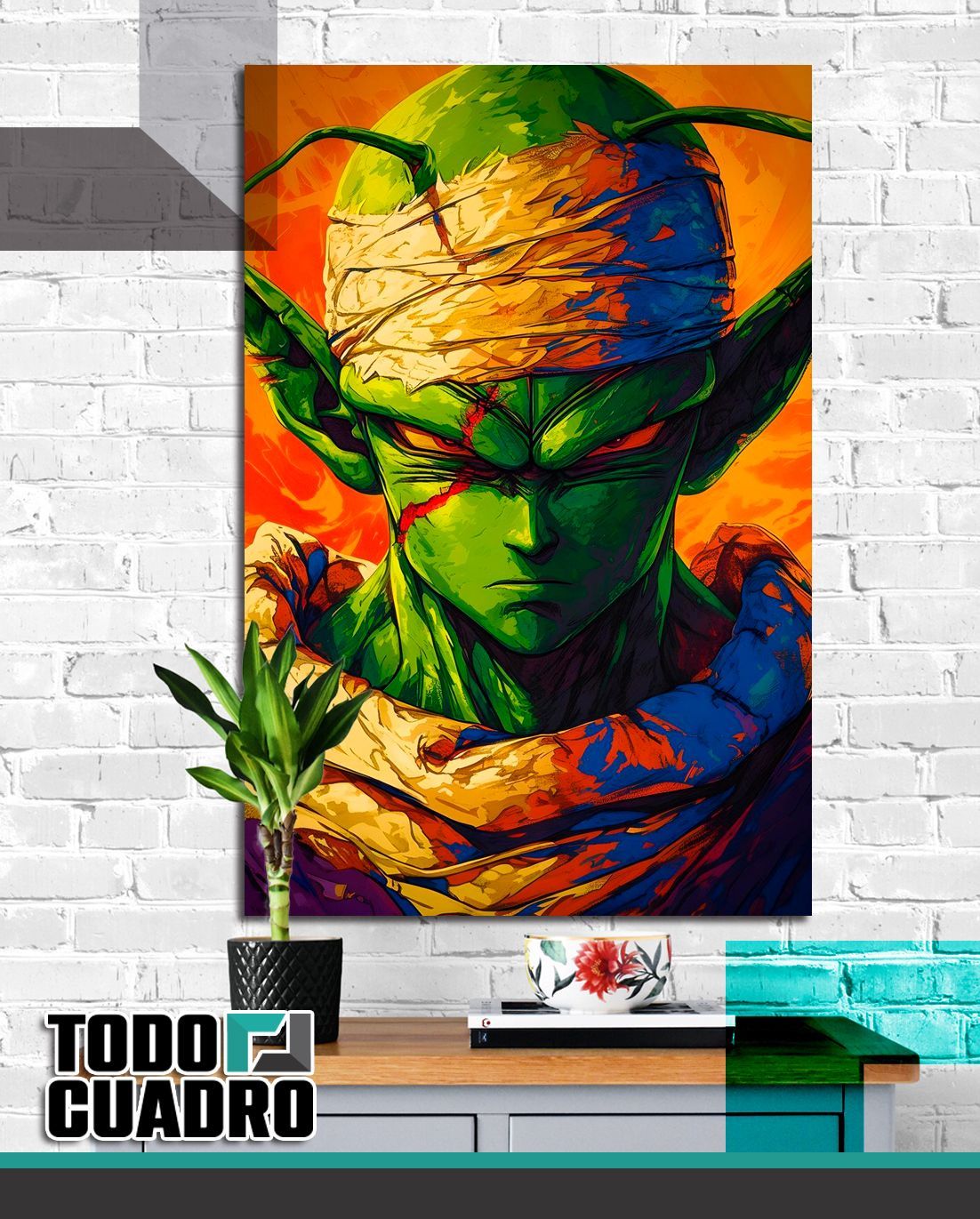 Un cuadro de Piccolo de Dragon Ball Z está colgado en una pared de ladrillos.