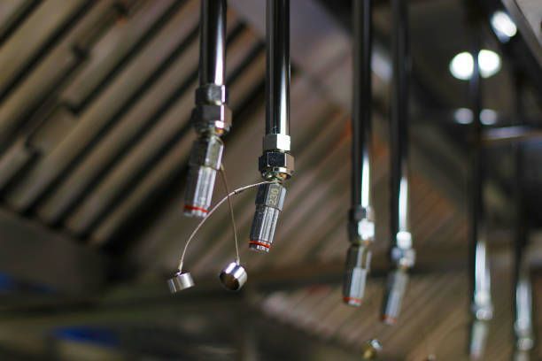 A bunch of metal pipes hanging from the ceiling