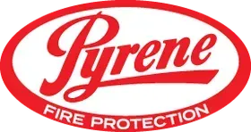 A red and white logo for pyrene fire protection