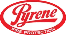 A red and white logo for pyrene fire protection