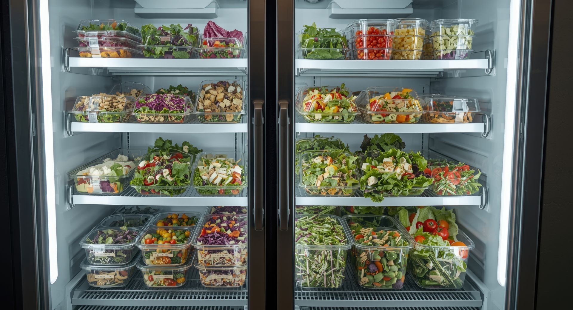 Refrigerated grocery shelves stocked with colorful dairy and packaged foods. Refrigerated grocery shelves stocked with colorful dairy and packaged foods.