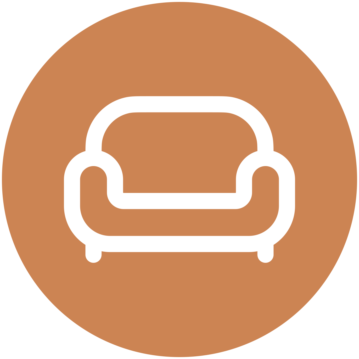 White sofa icon on a brown circle.