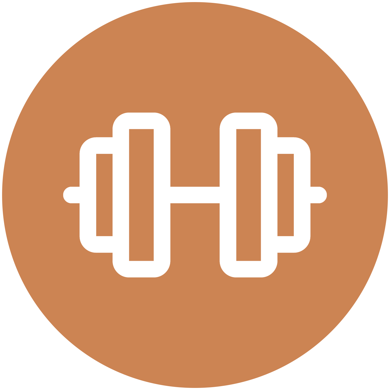 White dumbbell icon in a brown circle.