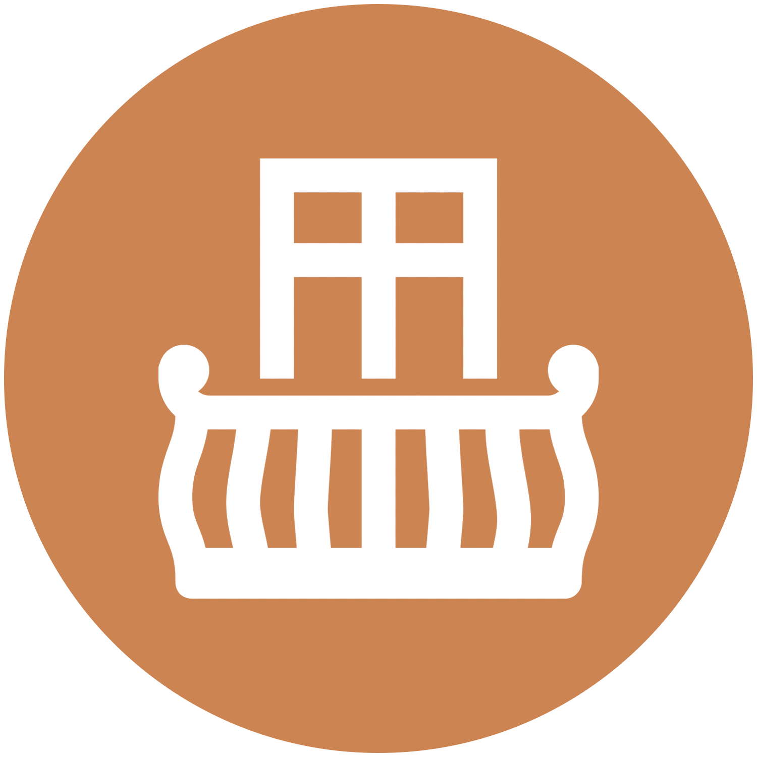 White balcony with window, on an orange circle.