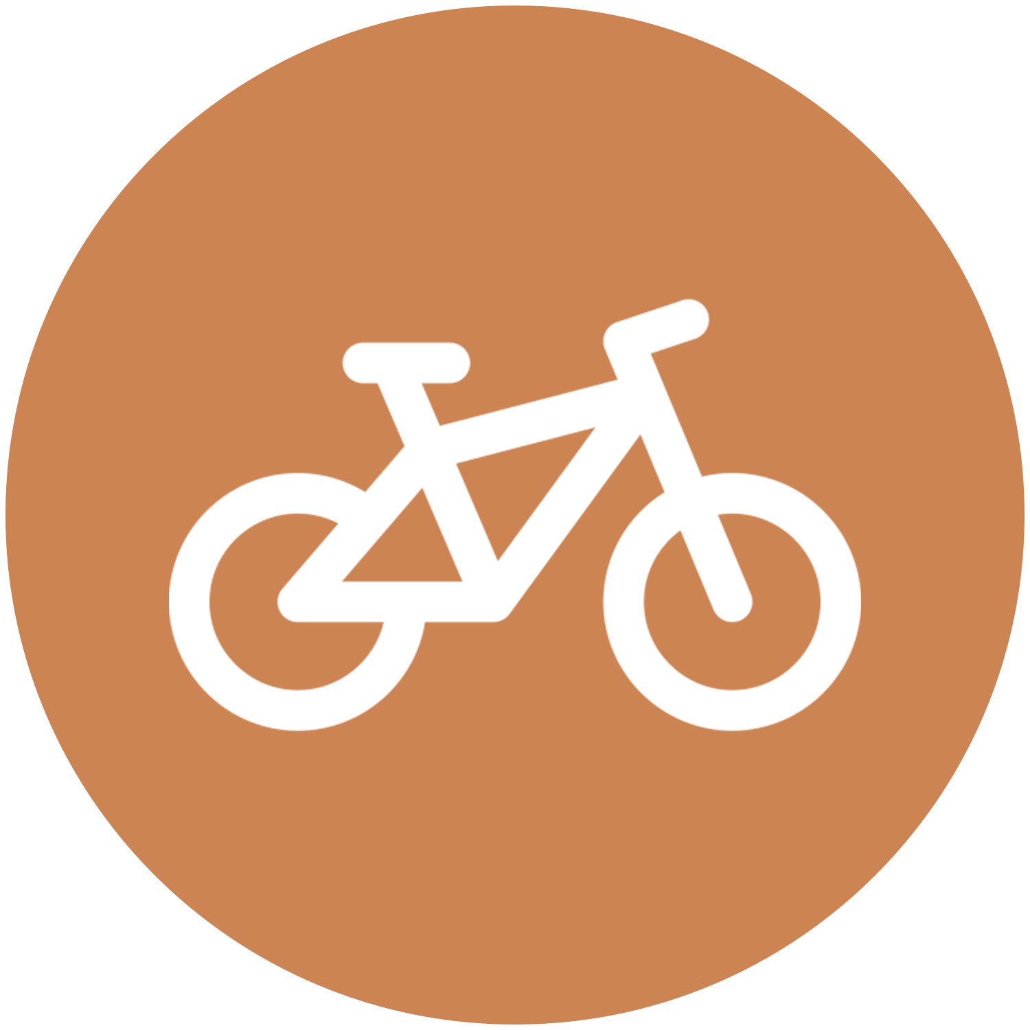 White bicycle icon on a rust-colored circle.