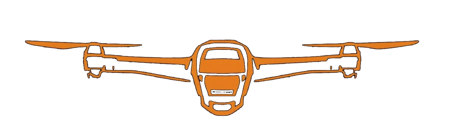 A minimalist orange line drawing of a drone viewed from the front against a white background.