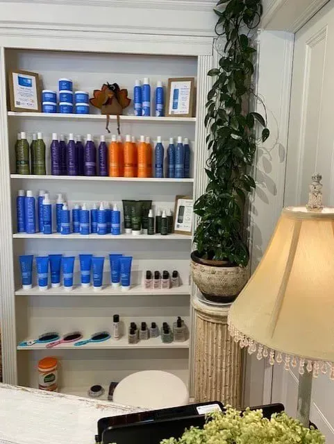 A shelf filled with lots of hair products in a salon